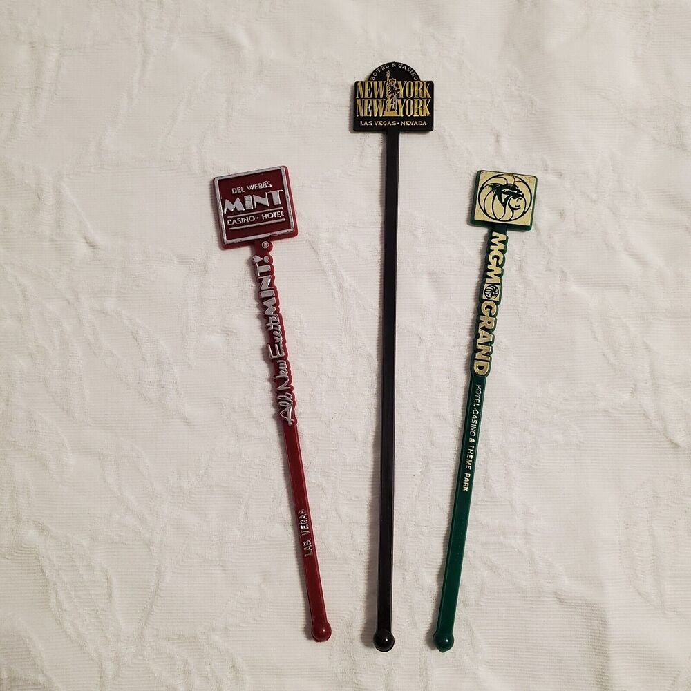 Vintage Las Vegas Cocktail Swizzle Stir Sticks 3 Plastic MGM Mint New York NY